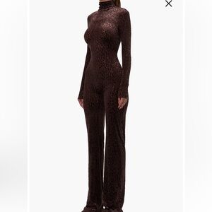 Brown turtleneck Leopard Print Burned velvet Jumpsuit Sz small